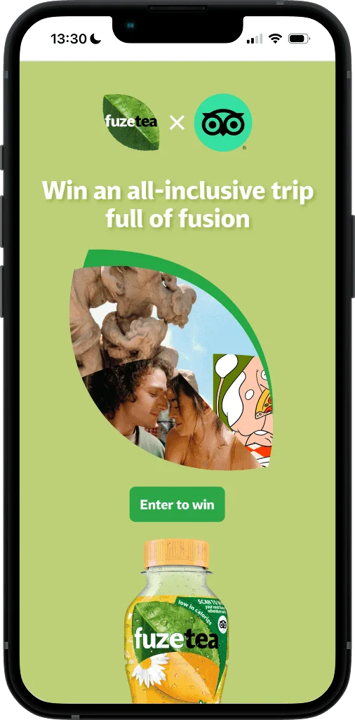 Fuze Tea × Tripadvisor competition landing screen
