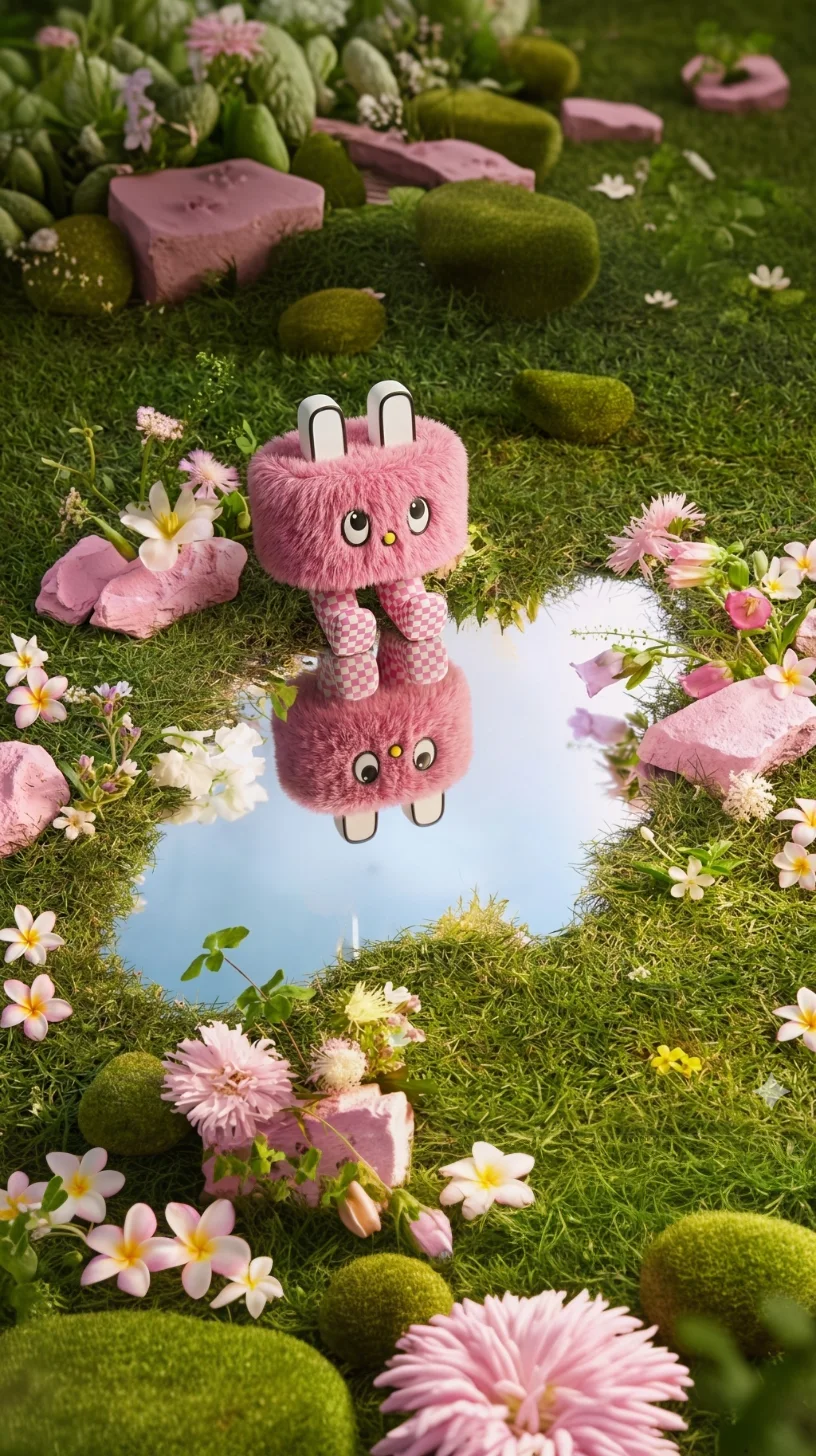 Soppul beside a mirror pond ringed with flowers
